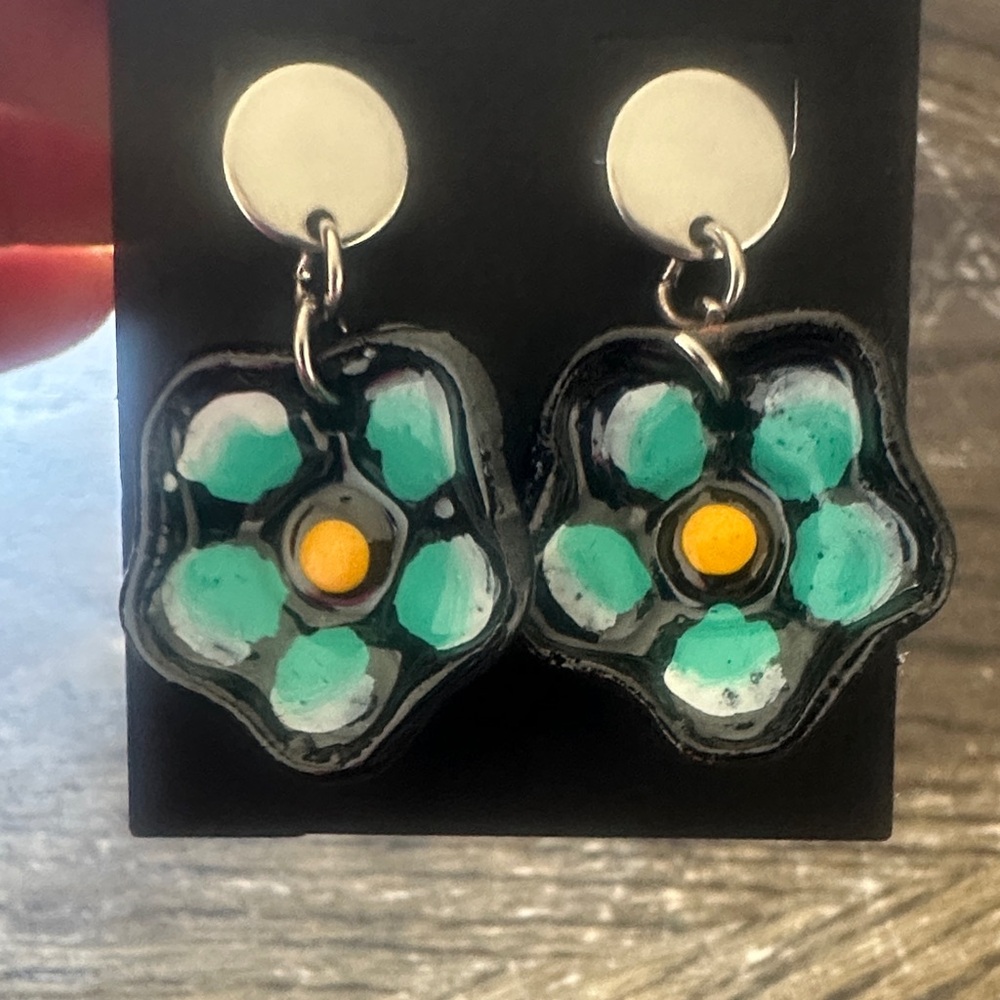Handcrafted Green Flower Drop Earrings - Turquoise & Yellow